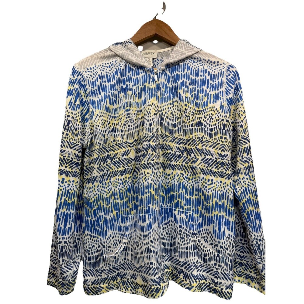 ZENERGY by CHICO's Womens Size 2 (L)  Blue Yellow Rhinestone Full Zip Hoodie Top